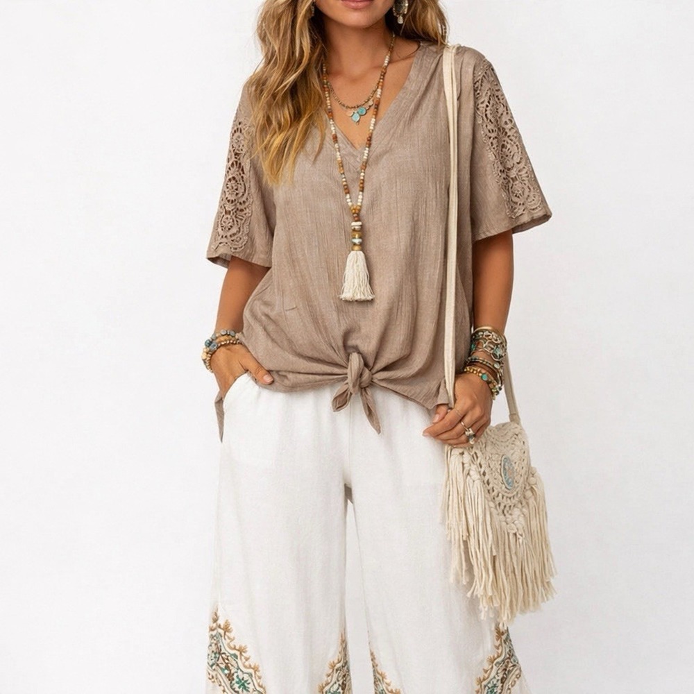 French Laundry Women's Tunic Top Lace Embroidered Bell Sleeve Tie Front Beige 2X